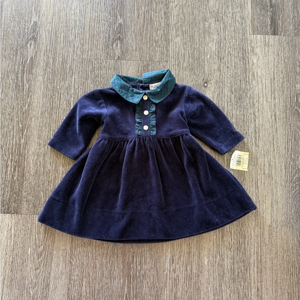 Ralph Lauren Vintage Navy Velvet Baby Dress with Green Plaid Trim